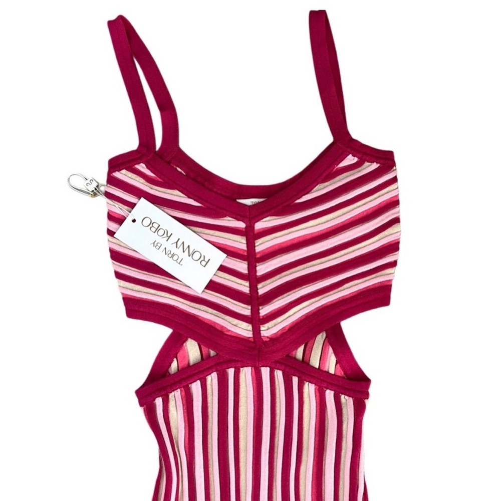 Torn by Ronny Kobo Red, Pink and Cream Artemis Knit Striped Cut-out Midi Dress - Picture 3 of 6